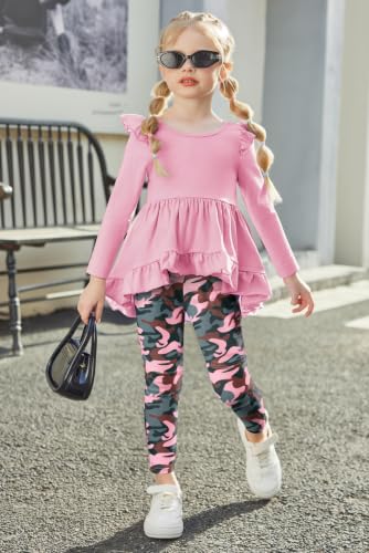 Image of Arshiner Toddler Girl Clothes Ruffle Trim Long Sleeve Pullover Top and Floral Print Leggings Fall Outfits Kids Clothing Sets