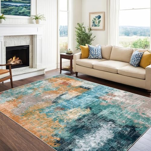 vivorug 5x7 Area Rugs - Ultra-Thin Washable Rug with Non-Slip Backing, Ideal for Living Room, Bedroom, Kitchen Floor Carpet - Modern Abstract, Easy Clean, Durable, Low Pile, Rosy Clouds