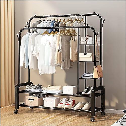 Image of LEOPAX Heavy Duty Metal Double Rod Clothe Rail, 5-Tier Coat Garment Rack with 4 Side Hooks, Multipurpose Cloth Stand for Bedroom, Livingroom, Hallway - (Black, 120 x 45 x 160cm)