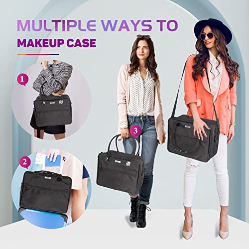 Kemier Travel Makeup Train Case - Professional Makeup Case Cosmetic Organizer Portable Artist Storage Bag 3 Layers Large Capacity With Compartments And Adjustable Shoulder Strap Black #TOP3