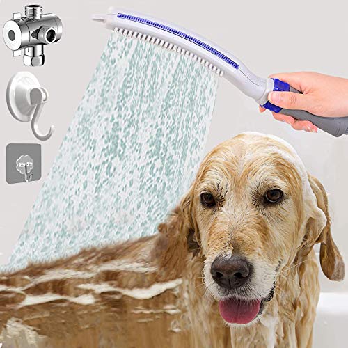 serimer Dog Shower Sprayer Attachment Woof Washer Wand Dog Shower Head with Dog Brush Flow Control for Pet Home Cleaning Bath Grey Blue