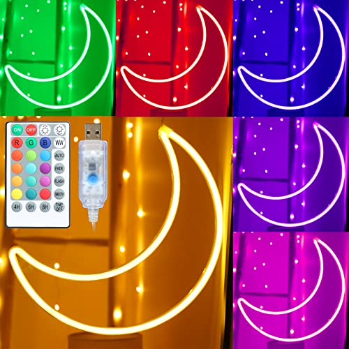LED RGB Moon Neon Light, Cute 16 Color Change Neon Moon Sign, Room Decor USB Powered 5V Art LED Decorative Lights Night Lights Indoor for Home, Bedroom, Office,Dorm,Party