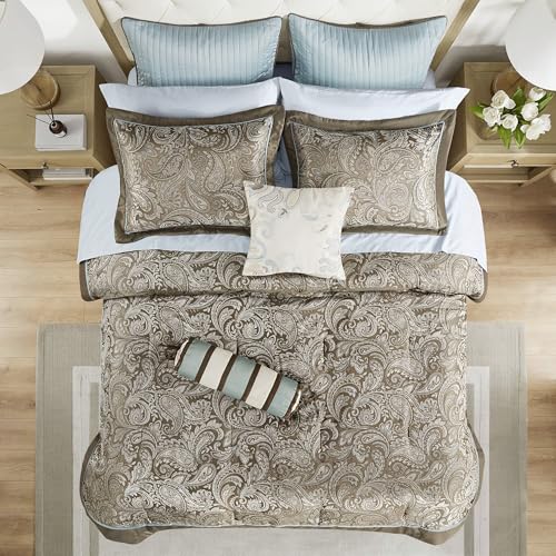 Image of Madison Park Aubrey Cozy Comforter Set, Faux Silk Jacquard Paisley Design - All Season Down Alternative Bedding with Cotton Bed Sheets, Bed Skirt & Toss Pillows, California King Blue 12 Piece