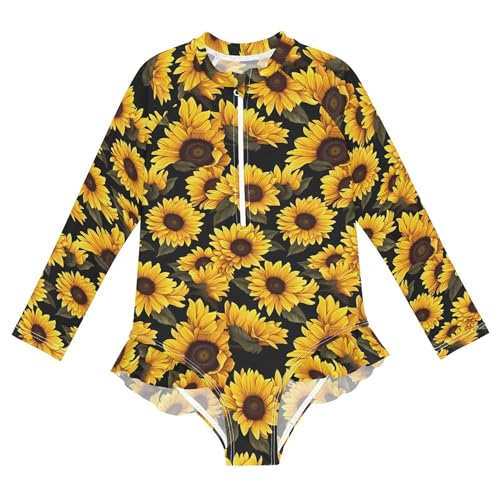 Sunflower Flowers Girls Long Sleeve Rashguard Swimsuit UV Protection One-Piece Swimwear Bathing Suit B0402462