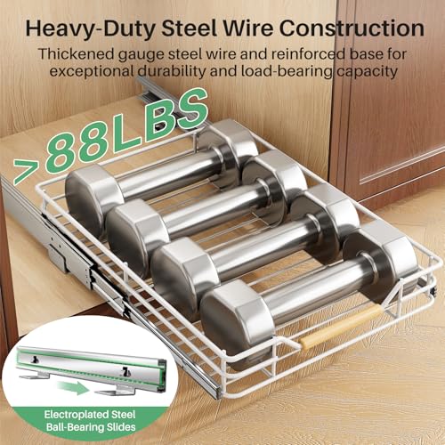 Image of Pull out Cabinet Organizer, 15 inchW X 21 inchD, Heavy Duty Smooth Sliding Under Cabinet Shelves for Pots and Pans, Full-Extension Roll out Drawers, Slide out Organization for Home Kitchen Pantry, White