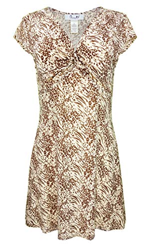 Chanceful Women's Cap Sleeve V-Neck Knot Front Animal Print A-Line Shift Dress Large Brown/Beige