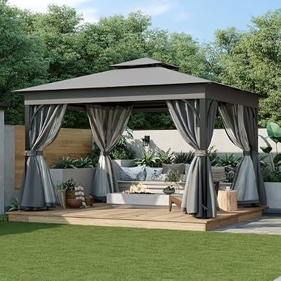 10'x12' Hardtop Gazebo Outdoor Metal Gazebos with Galvanized Steel Double Roof, Heavy Duty Pavilion with Curtains and Netting for Patios, Garden, Backyard, Lawns (Grey, 10x12)