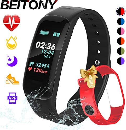 Fitness Tracker, Color Screen Activity Tracker Watch with Blood Pressure Blood Oxygen, IP67 Waterproof Weather Display Smart Band with Heart Rate Sleep Monitor Calorie Counter for Men, (Black/Red)
