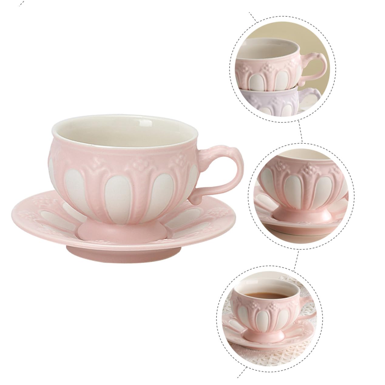 Kaffeetassen Satz 1 Satz Keramik Rosa mit Untertasse, Reliefdesign