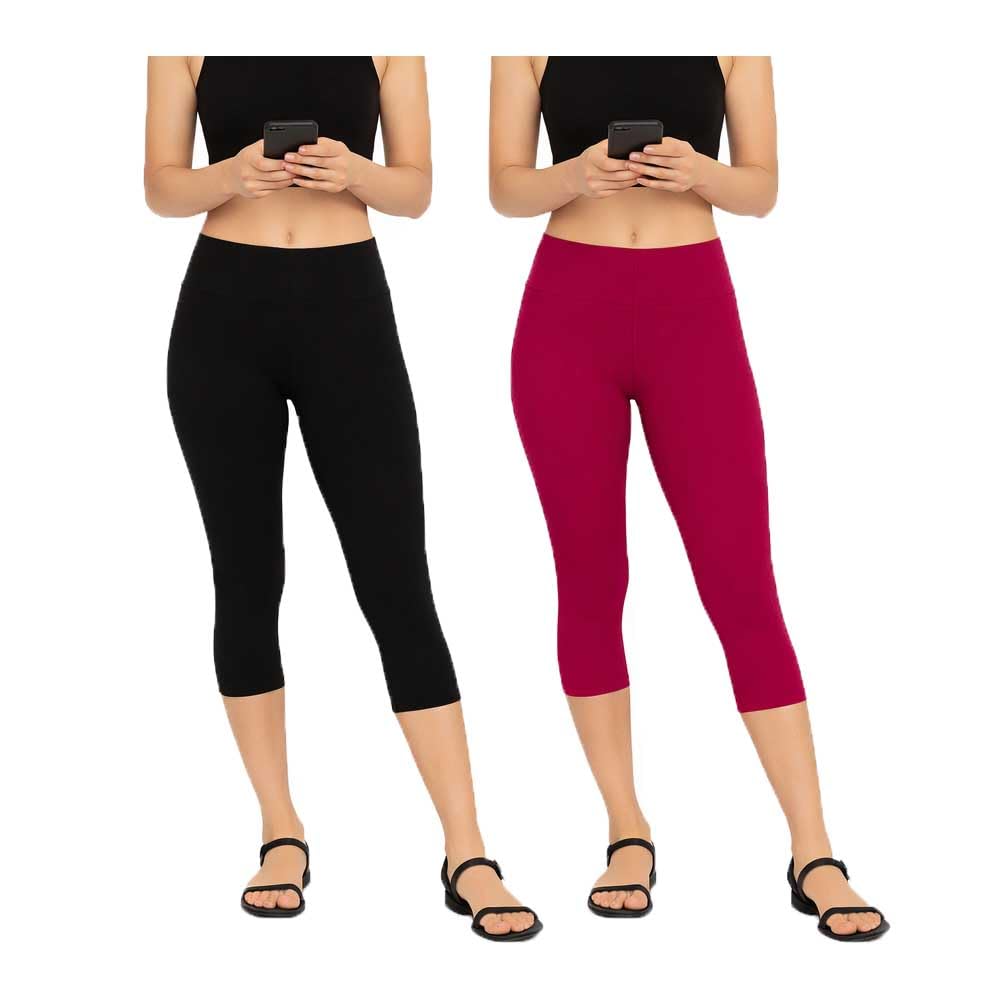 brand flex Womens Yoga and Gym Wear Plain 3/4th Capri for Girls (Combo Pack of 2) Black, Pink-picture-10