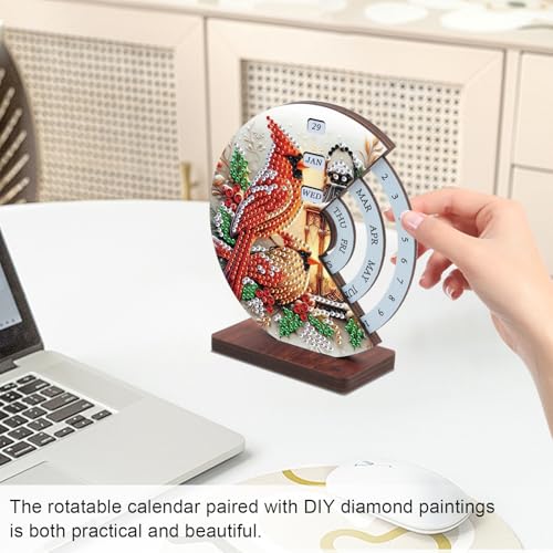 Image of AiYuanzsh Diamond Art Tabletop Perpetual Calendar, 3D DIY Wooden Desk Ornament with Red Cardinal Bird Design, Sparkling Diamond Painting Kit for Christmas Desktop Decoration