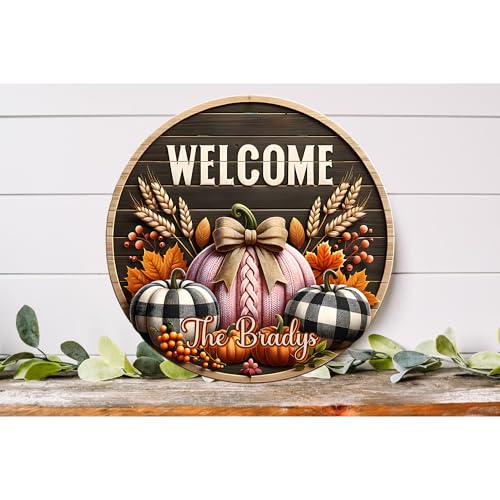 Personalized Fall Pumpkin Welcome Sign – Custom Metal Wreath Center for Autumn Decor – Round Front Door Hanger (8" – No Holes) - Image 2