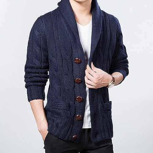 Men's Long Sleeve Shawl Collar Sweater Casual Buttons Down Cable Knit Cardigan Ribbed Sweater With Pockets2