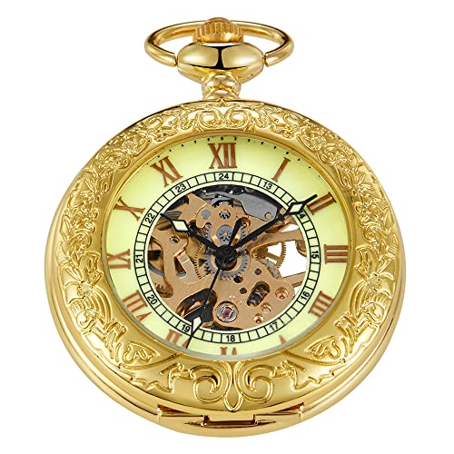 Realpoo Transparent Gold Luminous Mechanical Pocket Watch, Roman Numerals Gold