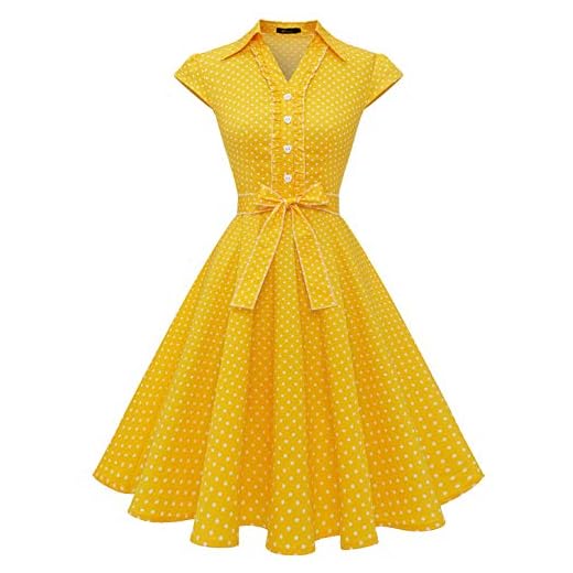 Wedtrend Dam 50-tals vintage retro rockabilly svängklänning rutig korta ärmar cocktailklänningar, B-gul vit prick, L