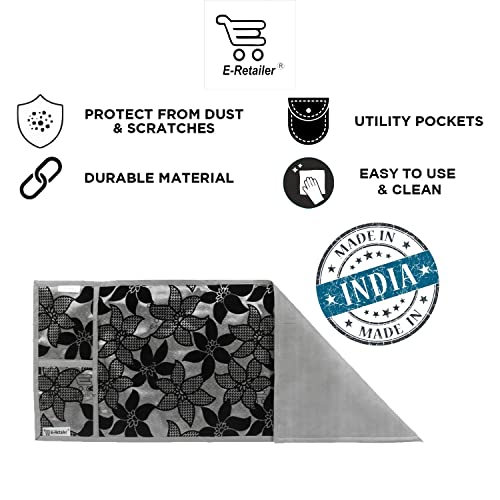 Image of Polyester 3-Layered Microwave-Oven Top Cover with 4 Pockets (BlackGrey, Size-36x14 Inches), geometrical design (MOCTC-FLOK-FLW-BLCKGRY)