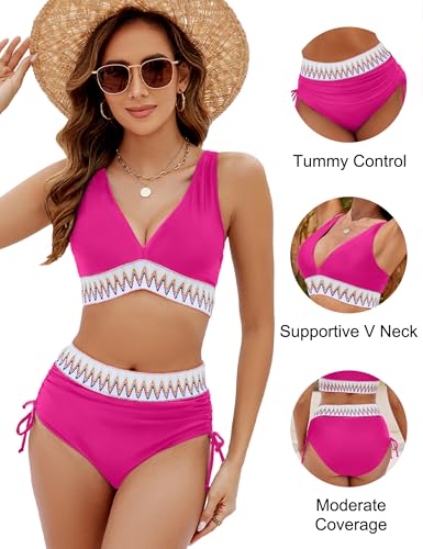 Image of Blooming Jelly Women High Waisted Bikini Sets Tummy Control Swimsuits Color Block Two Piece Drawstring Bathing Suit