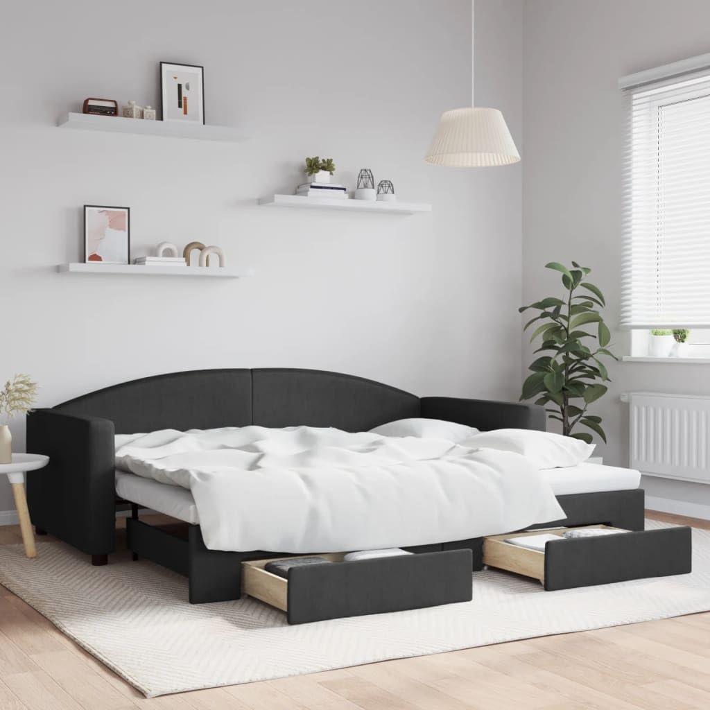Sofá cama nido con cajones de 90x200 cm en tela negra para almacenar y descansar cómodamente