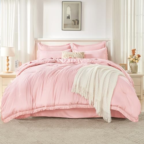 Image of Andency Full Size Comforter Set Light Pink -7 Pieces Boho Tassel Bed in a Bag Soft Lightweight Bedding Sets, Fringe All Season Bed Set with Comforter, Sheets, Pillowcases & Shams