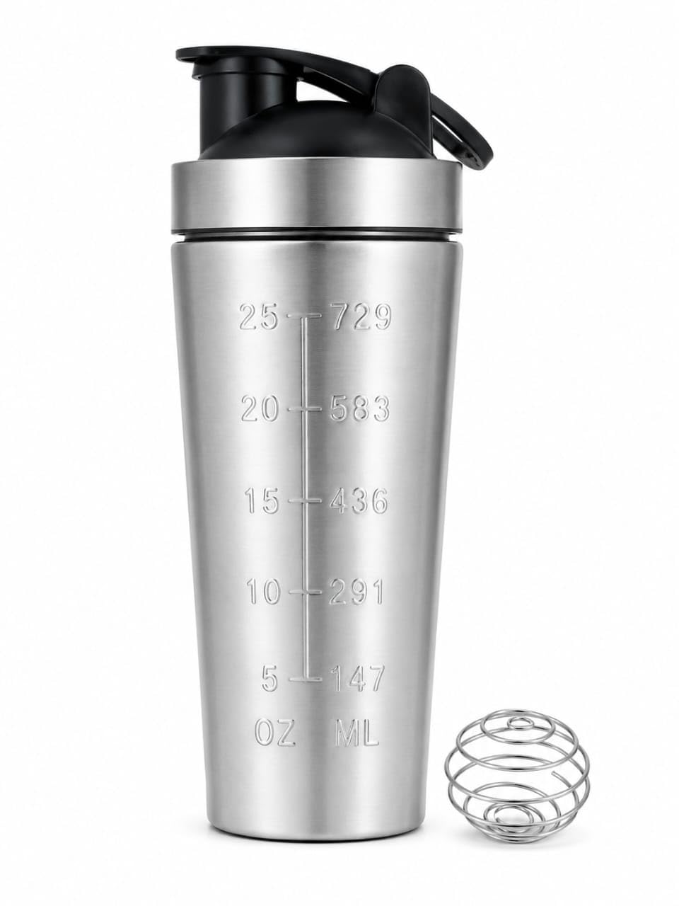 Stainless Steel Protein Shaker Bottle, 750 ml, Silver | Wire Whisk Ball Included, Measurement Markings, Flip-Top Lid, Leak-Proof Design, Gym and Fitness Use-image-7