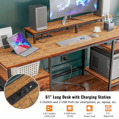 Furologee 61 Gaming and Study Desk with Power Outlet, LED Lights, and File Cabinet