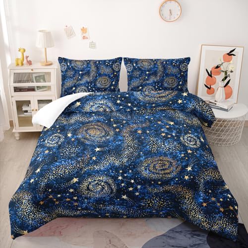 Nttopship Starry Sky Print Comforter Set Queen Size,Blue Starry Sky Golden Stars Bedding Set,Interstellar Printed Quilted Set for Teens Boys Adult,with 1 Comforter and 2 Pillow Case