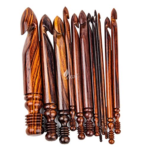 INTAJ Handmade Wooden Crochet Hook - Set of 12 Rosewood Needle Crochet Hooks Set - Yarn Craft Knitting Needle for Chrocheting Lace Doilies Flower Projects (Rosewood, Set of 12 (1mm-25mm))