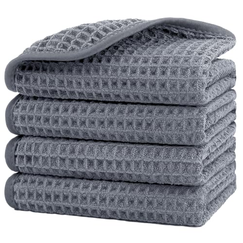 HOMEXCEL Grey Waffle Washcloths 4 Pack, Microfiber Face Towels for Bathroom, Lint Free, Highly Absorbent and Quick Dry Wash Cloths for Bathroom, Hotel, Spa, Gym, and Kitchen, Face Cloth, 12x12 Inch