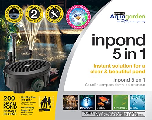 Pennington Aquagarden , Inpond 5 In 1, Pond & Water Pump, Filter, Uv Clarifier, Led Spotlight And Fountain , All In One Solution For A Clean, Clear And Beautiful Pond , For Ponds Up To 200 Gallons #TOP1