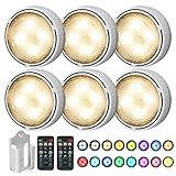 Onumii LED Puck Lights Battery Operated LED Under Cabinet Lighting Wireless Stick on Tap Lights with Remote Controll Color Changing Timer Function for Cabinets, Shelves, Closets - 6Pack White