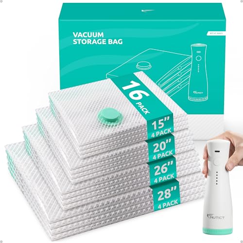 NUTICT 16 Pack Vacuum Storage Bags for Travel, 2000mAh Rechargeable Wireless Air Pump, Long-Term...