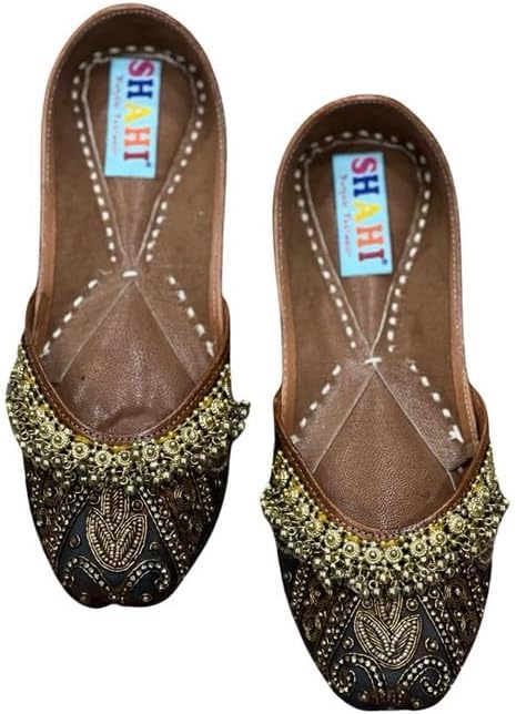 SHAHI PUNJABI FOOTWEARBlack Punjabi Jutti & Mojari's with Ghunghroos, Golden Moti Embroidery Work for Girls and Women