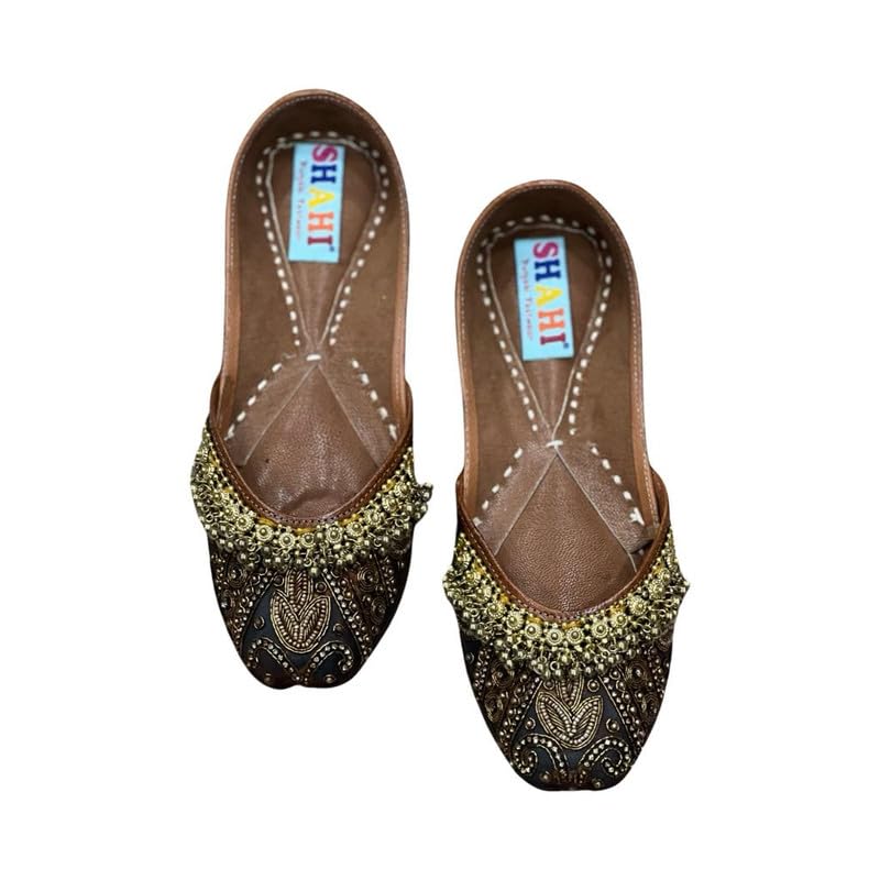 SHAHI PUNJABI FOOTWEARBlack Punjabi Jutti & Mojari's with Ghunghroos, Golden Moti Embroidery Work for Girls and Women
