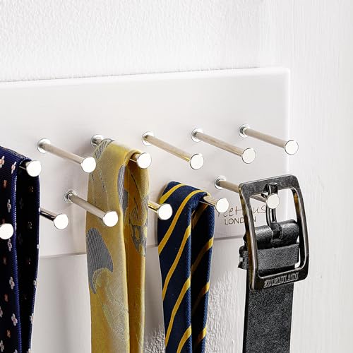 TreeHouse London Tie Rack Organizer – Holds 40 Large Ties – Solid Wood & Sturdy Metal Storage Holder for Closet – Wall Mounted Tie Display Hanger for Wall, Bedroom (White) 16''L x 4.25''H4