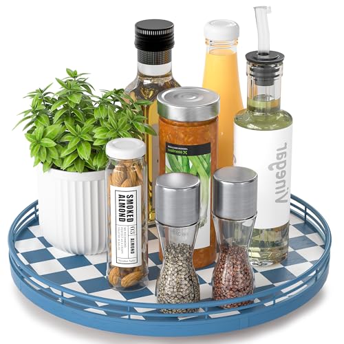 Image of Premium Rubber Wood Lazy Susan Turntable, Blue White Checkerboard Decorative Serving Tray, Hand-Welded Metal Railing, Stable Rotating Organizer for Dining Table, Kitchen Counter, Coffee Table Decor