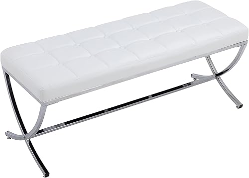 Miniatura 8 de DUOMAY Moderno banco otomano copetudo, banco de comedor tapizado de piel sintética, reposapiés con botones y patas de metal, 45.75 pulgadas de ancho