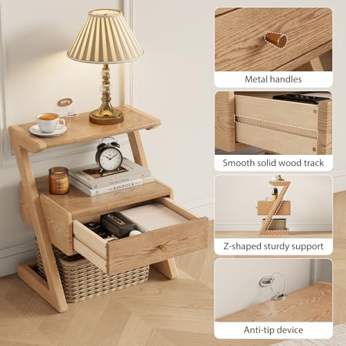Image of Z-Shaped Solid Wood Nightstand with Drawer,Z Wooden Night Stand with Open Storage,Bed Side Table with Drawer for Bedroom, Modern Mid Century end Table Easy Assembly