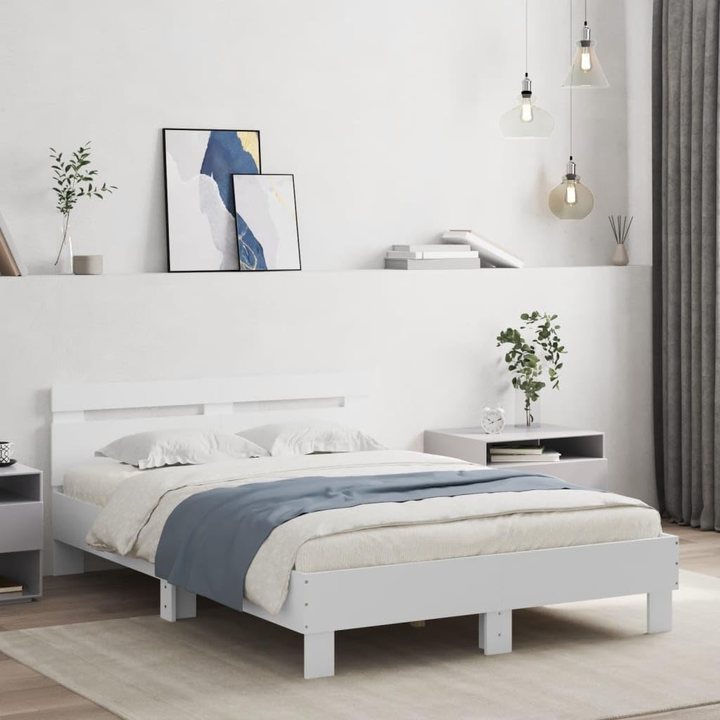 Festnight Marco de Cama 135 x 190 cm con Cabecero Estructura Cama Blanco Cama con Luces LED y Somier Soporte de Láminas de Madera Base De Cama