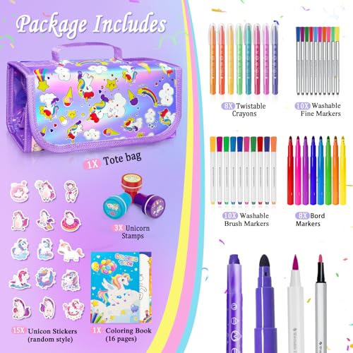 Image of weirtoya 56 PCS Washable Scented Markers with Glitter Pencil Case, Mermaid Unicorn Arts and Crafts for kids 4-6-8 Kids Coloring Drawing Kits for 4-8 Years Old Girls (Purple, 56)