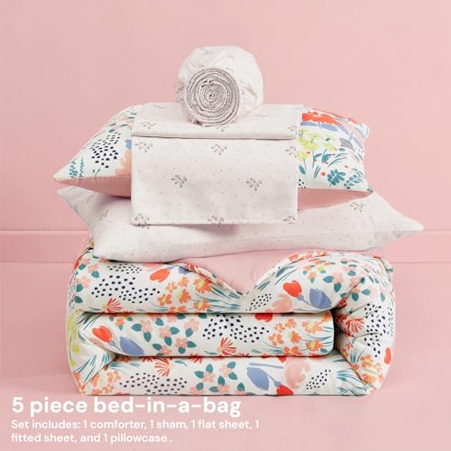 Image of BLOOMHAVEN Twin XL Comforter Set for Girls, 5 Pieces Pink Botanical Floral Bedding Set, All Seasons Kids Dorm Bed in a Bag with Sheets, Pillowcase & Sham