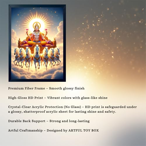 Image of ARTFUL TOY BOX - Surya Dev with Seven (7) Horses Photo Frame Wall Hanging | Divine Solar Chariot Design | Spiritual Surya Dev Painting | Glossy Finish | Premium Black Fiber Frame | Devotional Home Decor - 12x18 Inch (30x45 cm) (Design 2)