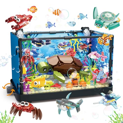 JONRRYIN Aquarium-Baustein 12-in-1 Aquarium Fish Tank Bauspielzeug Meerestiere Tierbauspielzeug mit einschließlich Meeresquallen Fischen Geschenk für Erwachsene und Jungen Mädchen ab 8-12 Jahren
