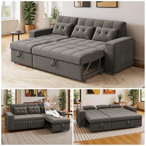 Ahomly 87' Convertible Sofa Bed – Space-Saving Sleeper with Pull-Out Design, Adjustable Backrest, Wide Armrests with Storage, Plush Cushions, Cozy for Small Spaces (Dark Grey)