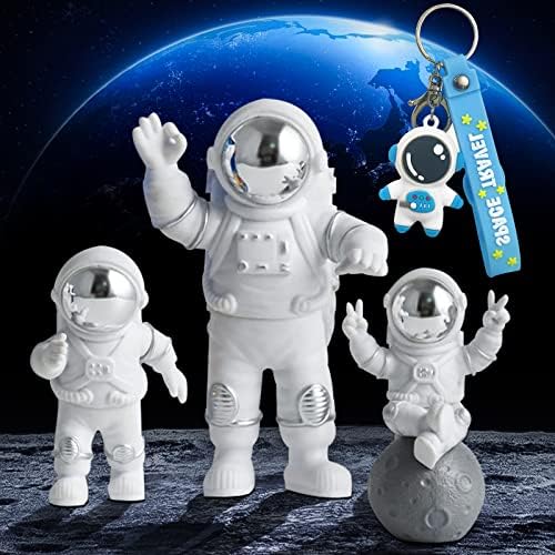 WINUSD 4Pcs Astronaut Statue Decor Set, Silver Polyresin Astronaut Figurine Ornament 3Pcs Mirror Spaceman &1Pcs Keychain for Room Car Dashboard Office Home Music Table Gift