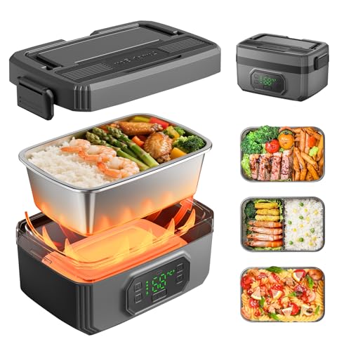 VVU&CCO Lonchera eléctrica portátil para adultos con temporizador, lonchera recargable con autocalentamiento para hombres con contenedor de 1.2 L SS, funciona con batería de 21,000 mAh, conveniente