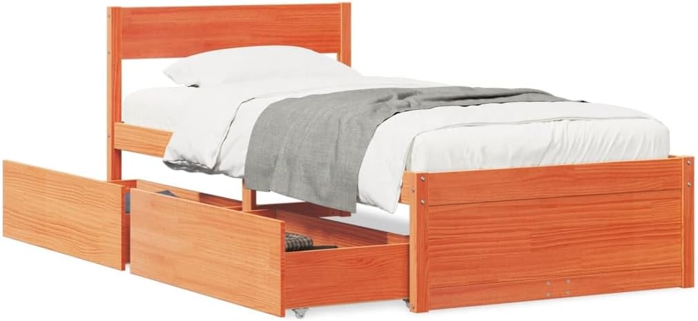 Solid Wood Bed without Mattress Wax Brown 90 x 190 cm Pine Wood Solid Wood Bed Frame with Drawers