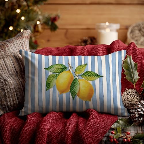 Image of Blue and Yellow Summer Italian Mediterranean Amalfi Coast Lemon Pillow Cover Decor 12x20,Italian Striped Decorative Throw Pillow Cover Decor for Couch Double-Sided