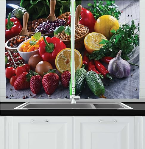 Ambesonne Fruits and Vegetables Kitchen Curtains, Photography Print of Oranges Strawberries Beans Pepper Garlic, Window Drapes 2 Panel Set for Kitchen Cafe Decor, 55' x 39', Red Green Yellow