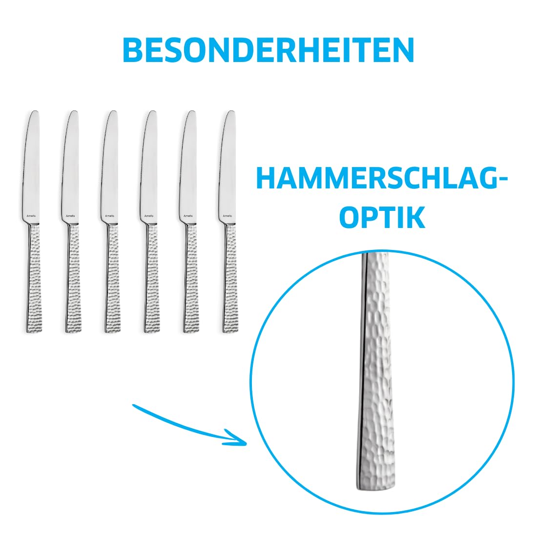 Amefa FELICITY Dessertmesser Set 6-tlg. für 6 Personen, Gehämmertes Dessertmesser klein, Buttermesser klein im Hammerschlag-Design, 18/0 Edelstahl Vorspeisenmesser, Spülmaschinenfest