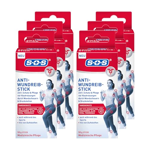 SOS Palillo antifrotamiento (6 x 50 g) – Protección 2 en 1 y cuidado contra rozaduras y puntos de presión – 15% de manteca de karité, ceramidas, aloe vera y hierba de tigre – sin fragancia – para